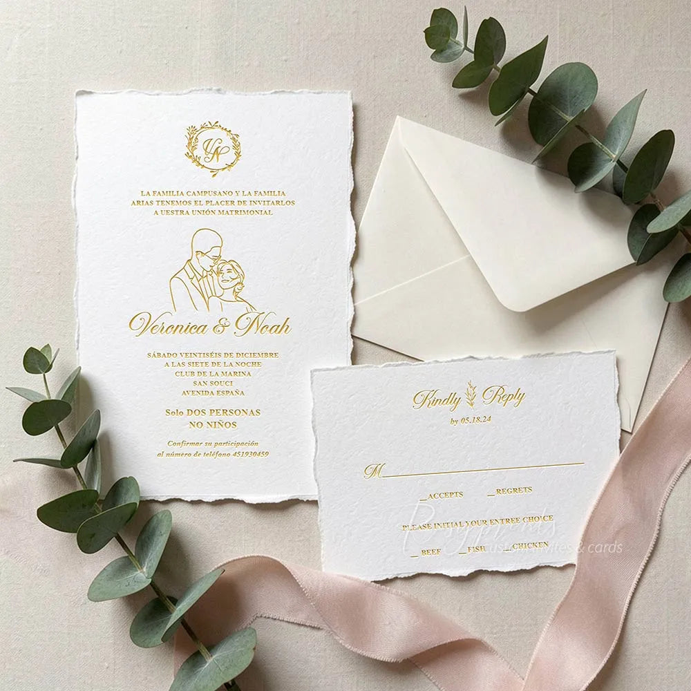 bespoke couple illustrated hand drawn letterpress wedding invitations with deckled edge