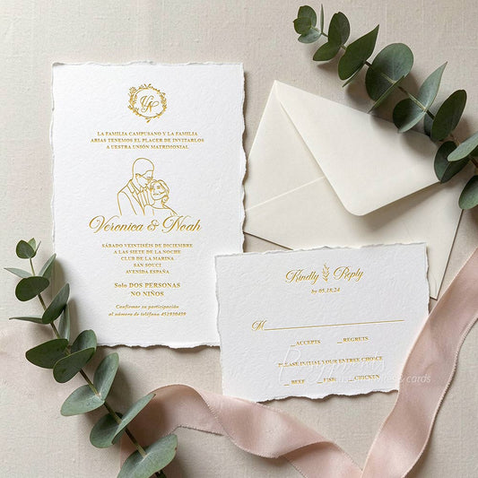 bespoke couple illustrated hand drawn letterpress wedding invitations with deckled edge
