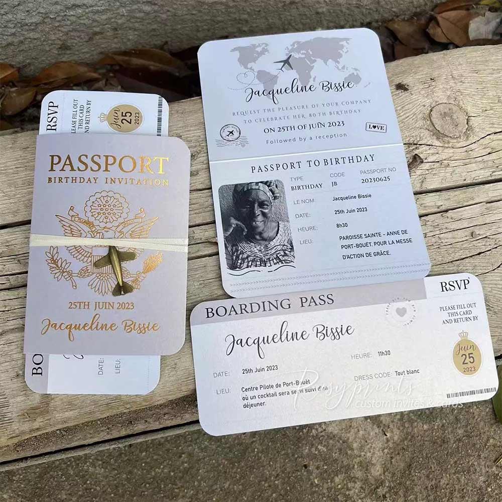 gold foil boarding passport ticket birthday party invitations