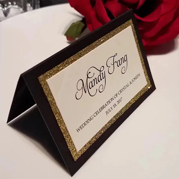 Custom guest name card place cards with gold glitter ROSYNP03