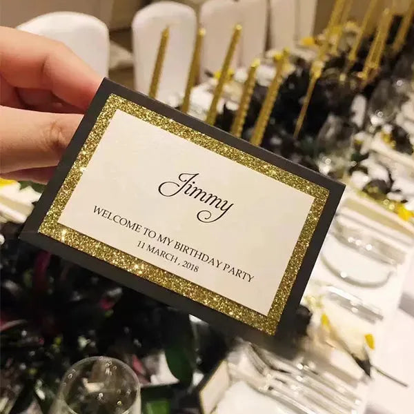 Custom guest name card place cards with gold glitter ROSYNP03