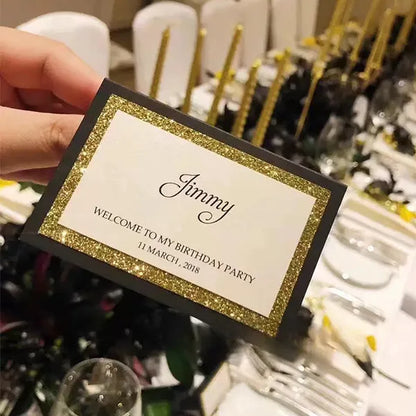 Custom guest name card place cards with gold glitter ROSYNP03