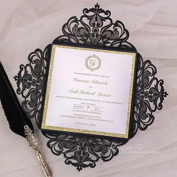 modern black and gold glitter pocket wedding invitations