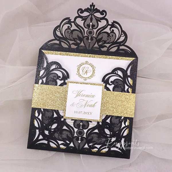 modern black and gold glitter pocket wedding invitations