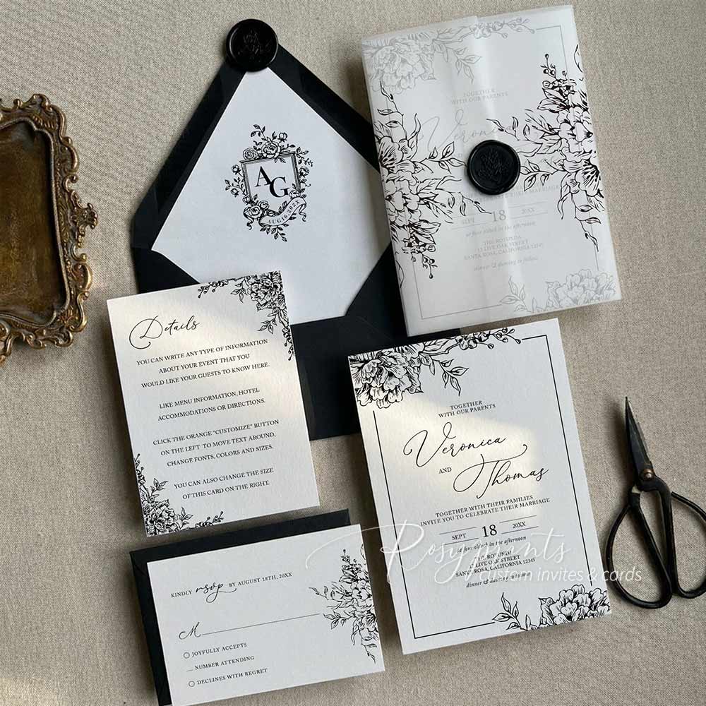 black and white garden floral vellum wrapped wedding invitations