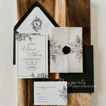 black and white garden floral vellum wrapped wedding invitations