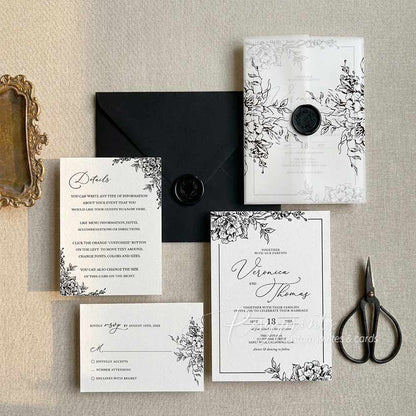 black and white garden floral vellum wrapped wedding invitations