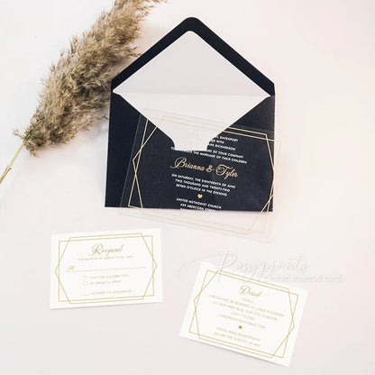 modern geometric black white and gold acrylic wedding invitations