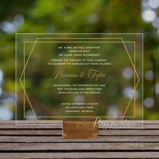 modern geometric black white and gold acrylic wedding invitations