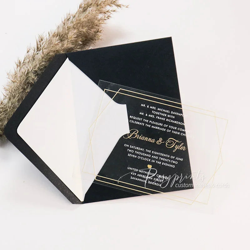 modern geometric black white and gold acrylic wedding invitations