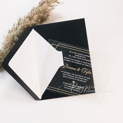 modern geometric black white and gold acrylic wedding invitations
