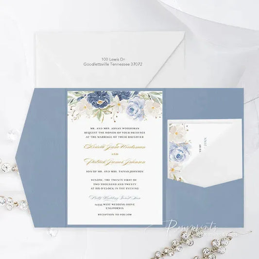 dusty blue navy blue floral wedding invitations ROSYP21 - Rosy Prints