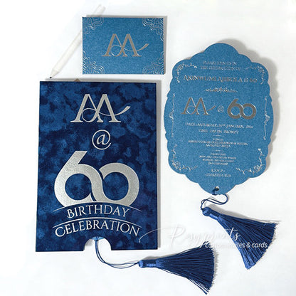 navy blue silver foil wedding anniversary invitations with velvet pocket