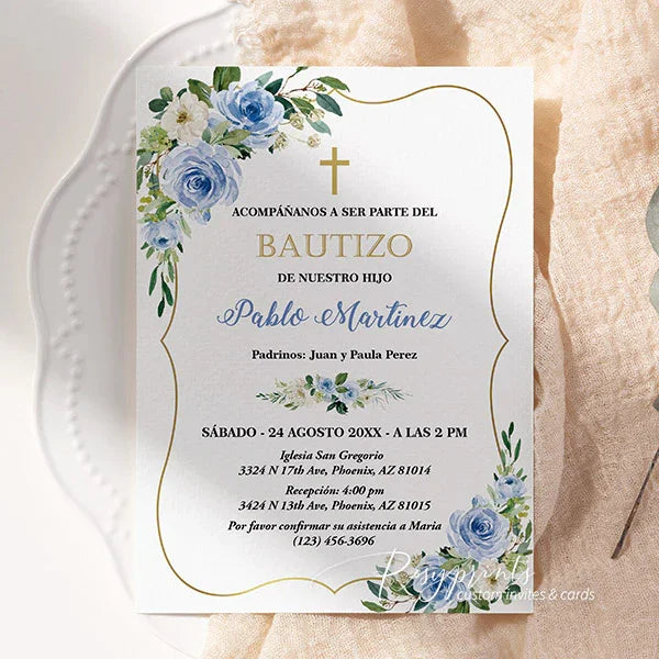 budget blue Spanish bautizo christening and birthday invitations RPB17 - Rosy Prints