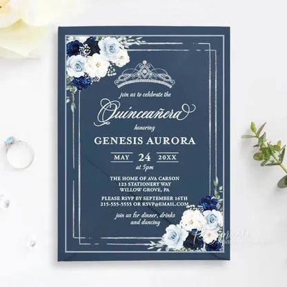 navy blue floral acrylic quinceanera invitations ROSYA50 - Rosy Prints
