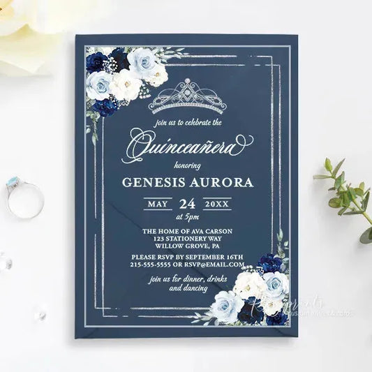 navy blue floral acrylic quinceanera invitations ROSYA50 - Rosy Prints