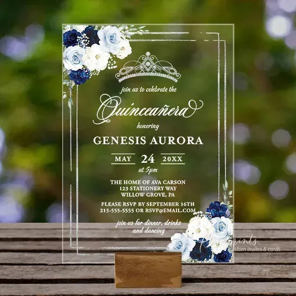 navy blue floral acrylic quinceanera invitations ROSYA50 - Rosy Prints