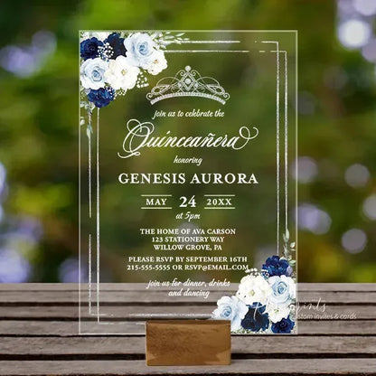 navy blue floral acrylic quinceanera invitations ROSYA50 - Rosy Prints