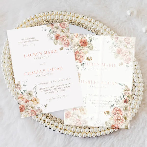 blush and coral color floral vellum wedding invitations