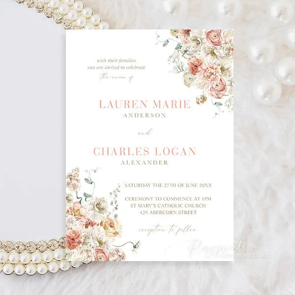 blush and coral color floral vellum wedding invitations