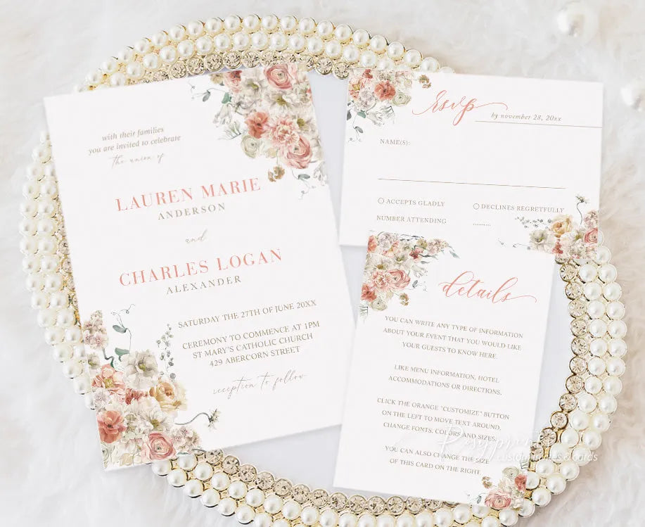 blush and coral color floral vellum wedding invitations
