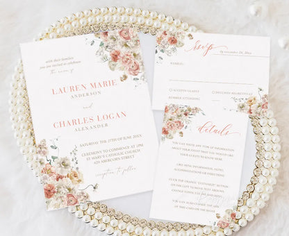 blush and coral color floral vellum wedding invitations