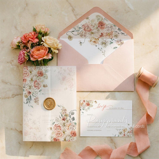 blush pink and coral color floral vellum wedding invitations