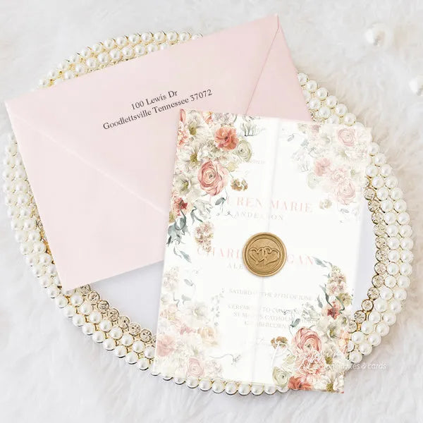 blush and coral color floral vellum wedding invitations