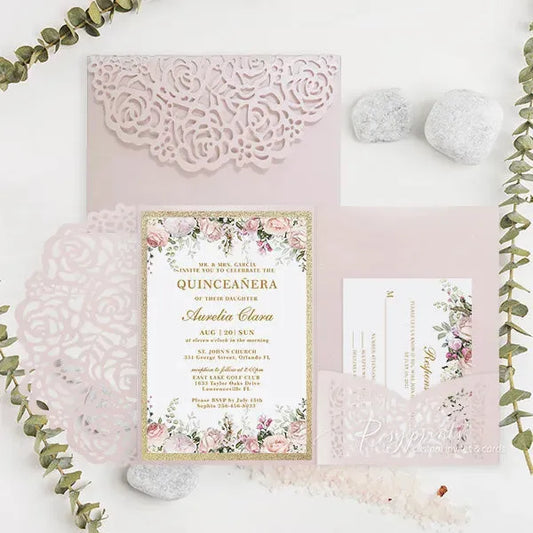 pink and gold sweet 16 quinceanera invitations ROSYP24 - Rosy Prints