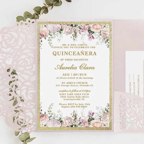 pink and gold sweet 16 quinceanera invitations ROSYP24 - Rosy Prints