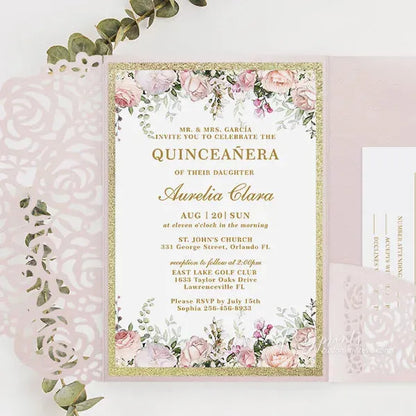 pink and gold sweet 16 quinceanera invitations ROSYP24 - Rosy Prints