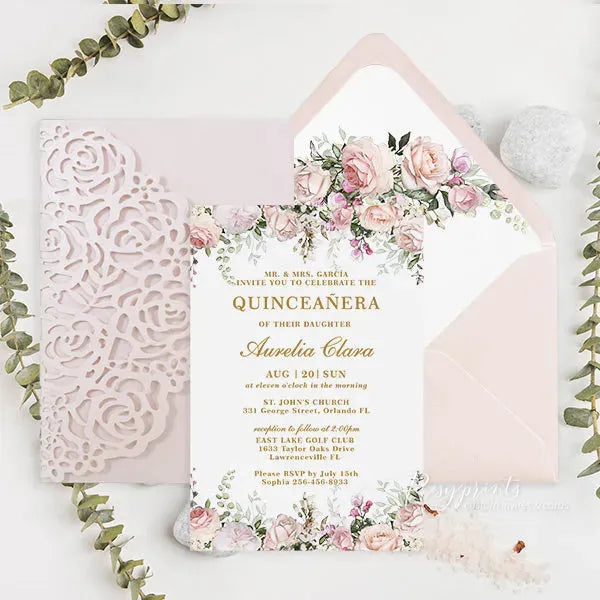 pink and gold sweet 16 quinceanera invitations ROSYP24 - Rosy Prints