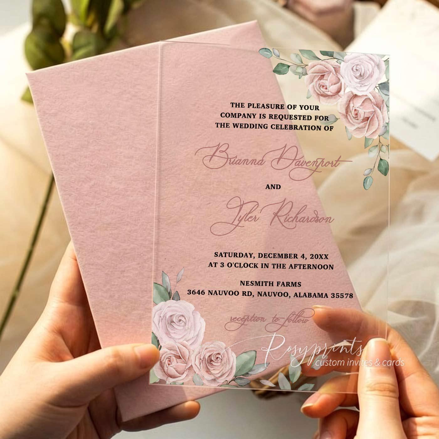 blush pink floral acrylic wedding invitations