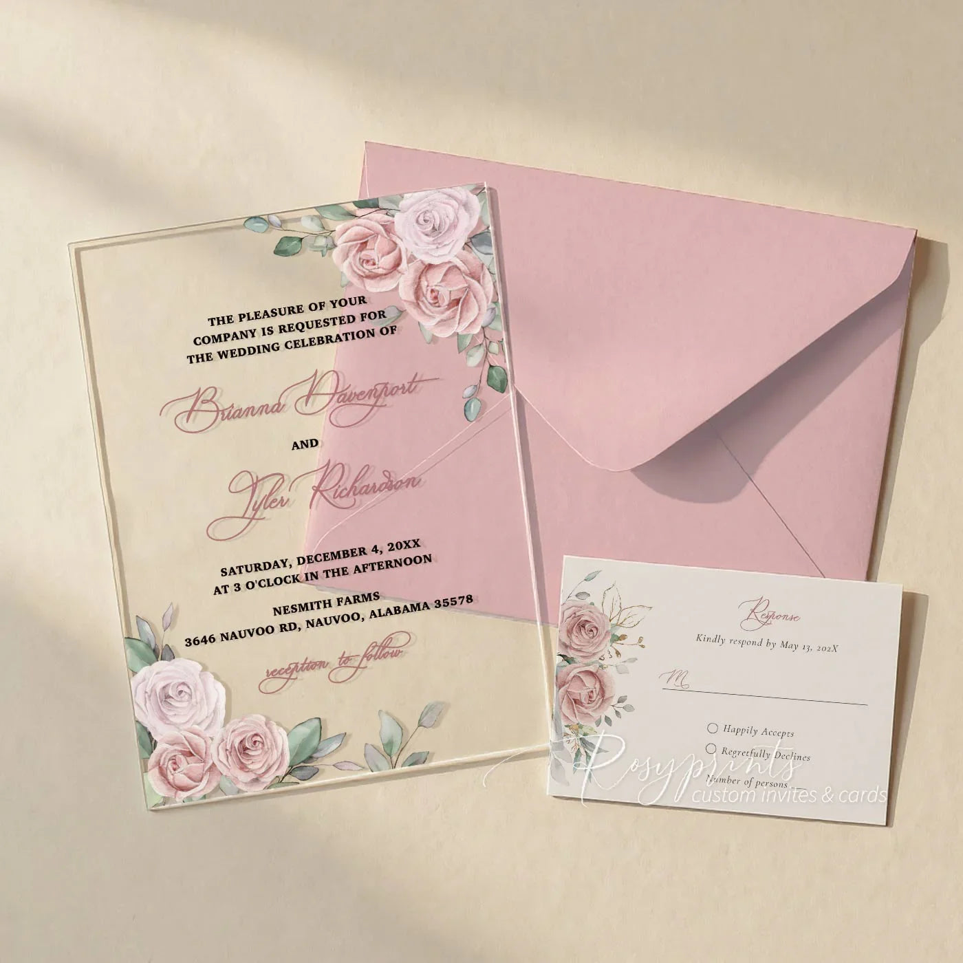 blush pink floral acrylic wedding invitations