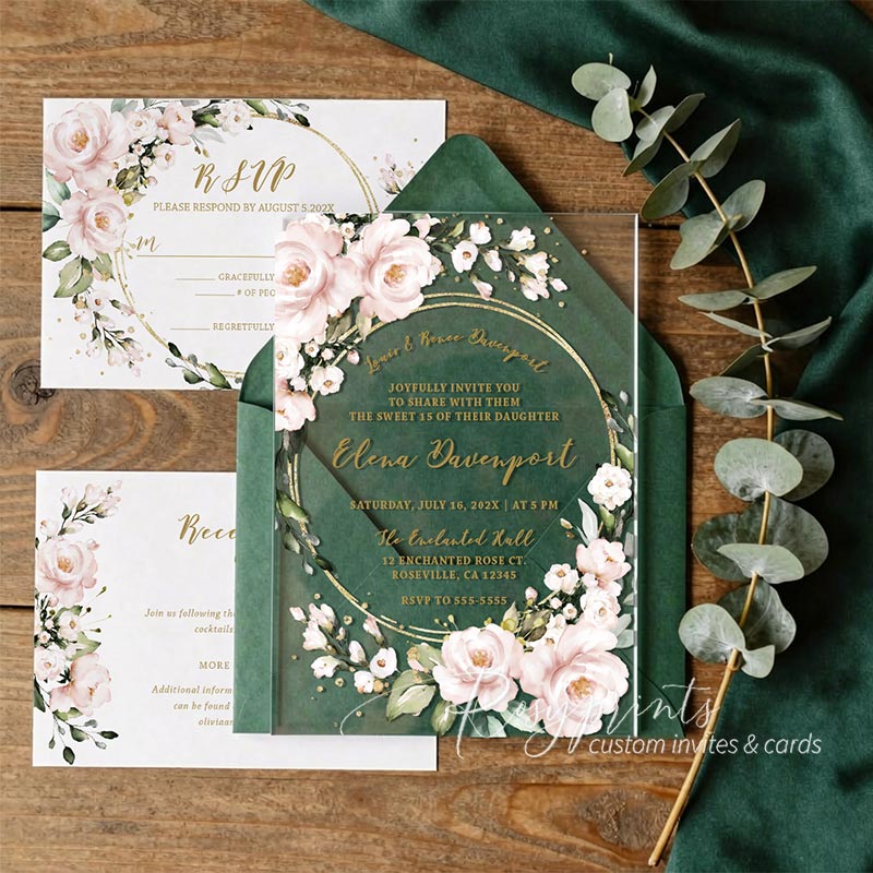blush pink greenery clear acrylic wedding invitations