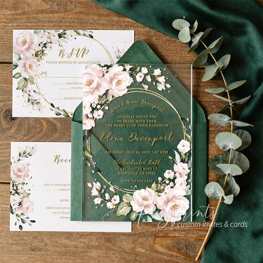 blush pink greenery clear acrylic wedding invitations