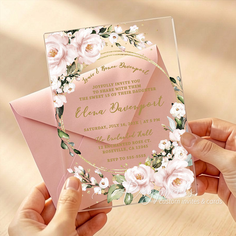blush pink greenery clear acrylic wedding invitations
