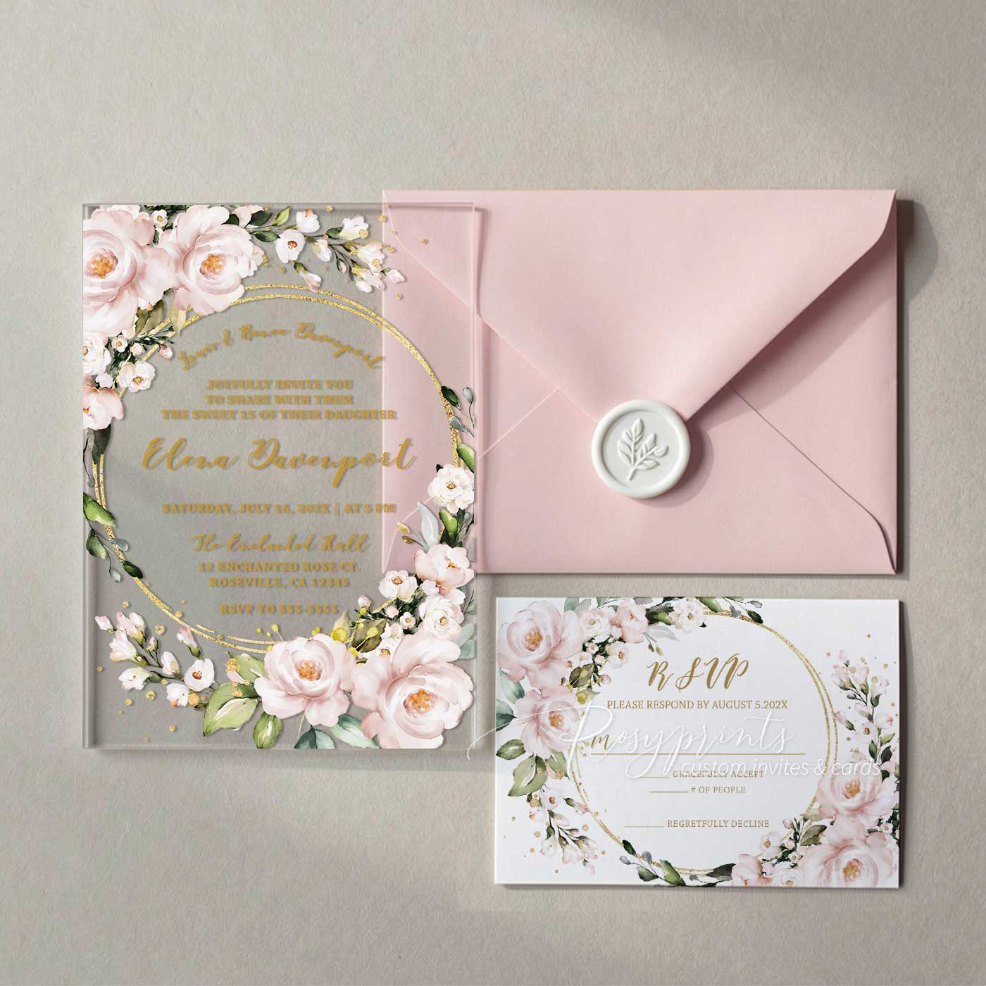 blush pink greenery clear acrylic wedding invitations