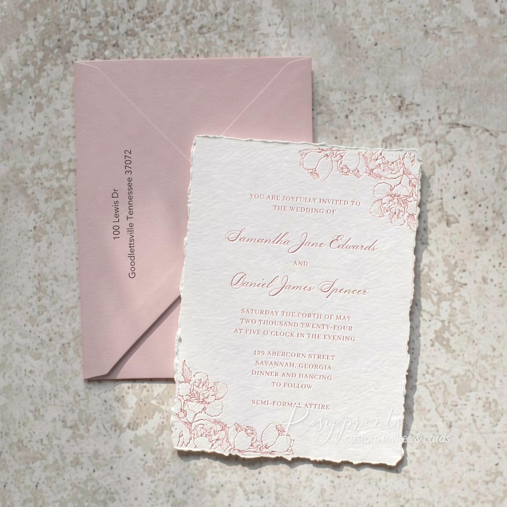 blush pink floral letterpress wedding invitations with deckled edge