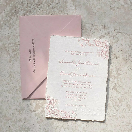 blush pink floral letterpress wedding invitations with deckled edge