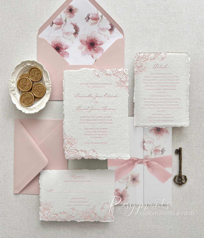 blush pink floral letterpress wedding invitations with deckled edge