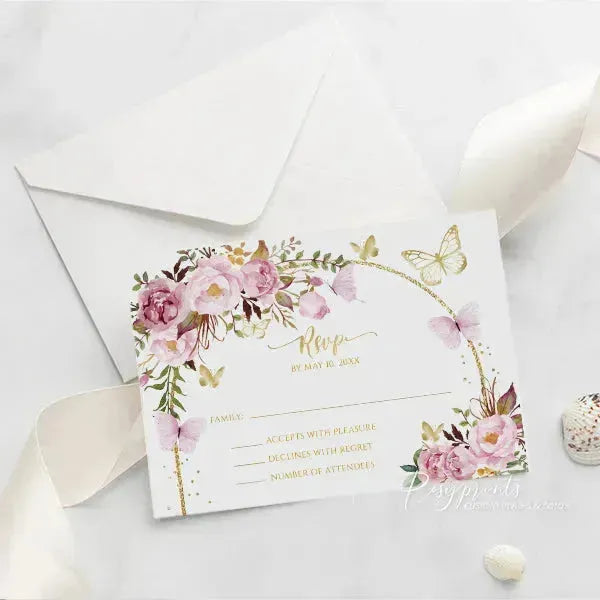 pink and gold butterfly acrylic quince invitations ROSYA59 - Rosy Prints
