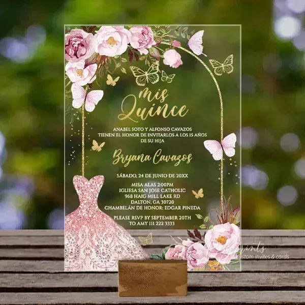 pink and gold butterfly acrylic quince invitations ROSYA59 - Rosy Prints