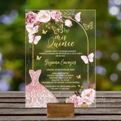 pink and gold butterfly acrylic quince invitations ROSYA59 - Rosy Prints