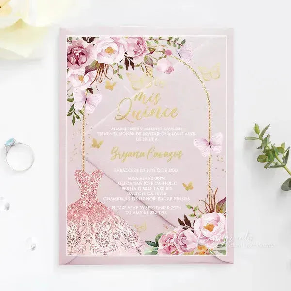 pink and gold butterfly acrylic quince invitations ROSYA59 - Rosy Prints