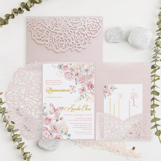 pink floral quinceañera invitation elegant 15th 16th birthday invite ROSYP66