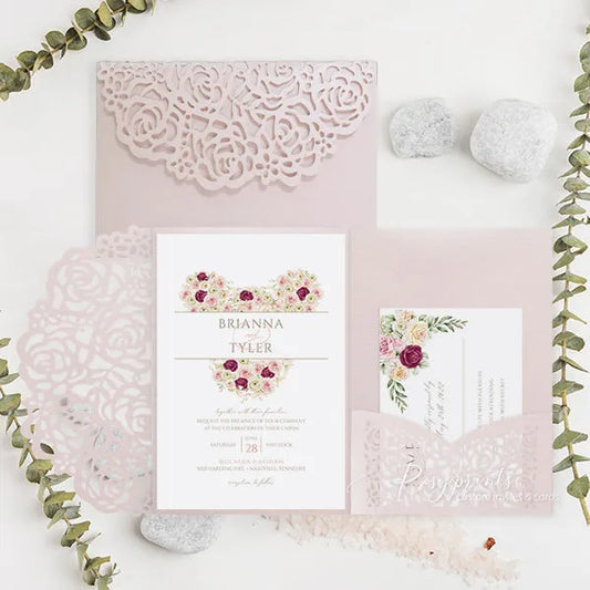 romantic blush pink roses disney fairytale wedding invitations