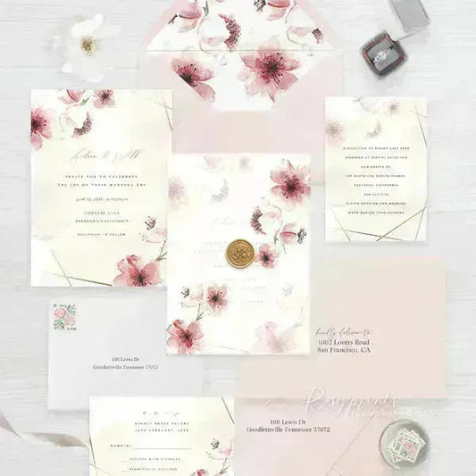 pink cheery blossom spring flowers wedding invitations RPV14 - Rosy Prints