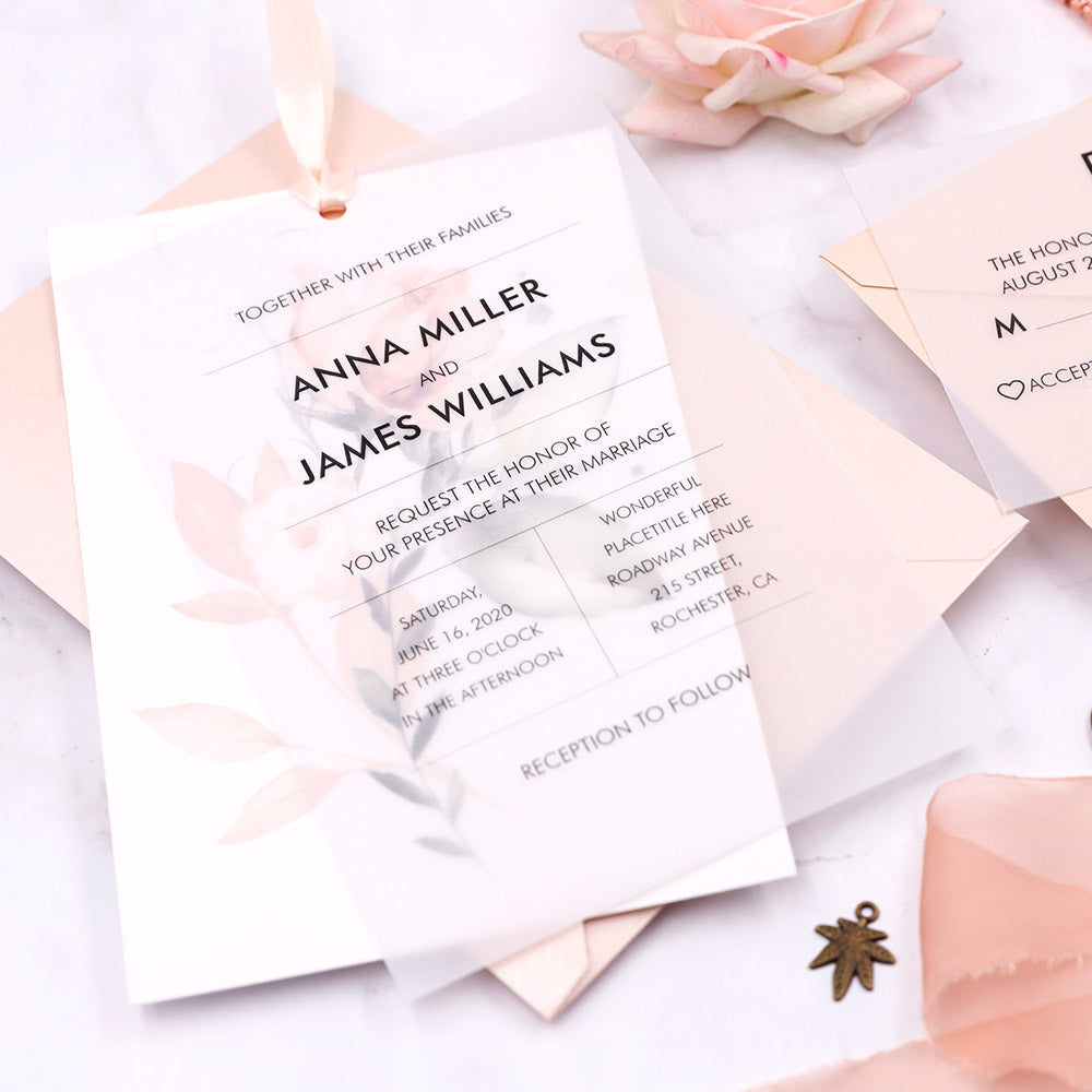 blush dusty rose vellum paper overlay wedding invitations