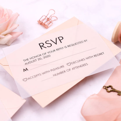 blush dusty rose vellum paper overlay wedding invitations